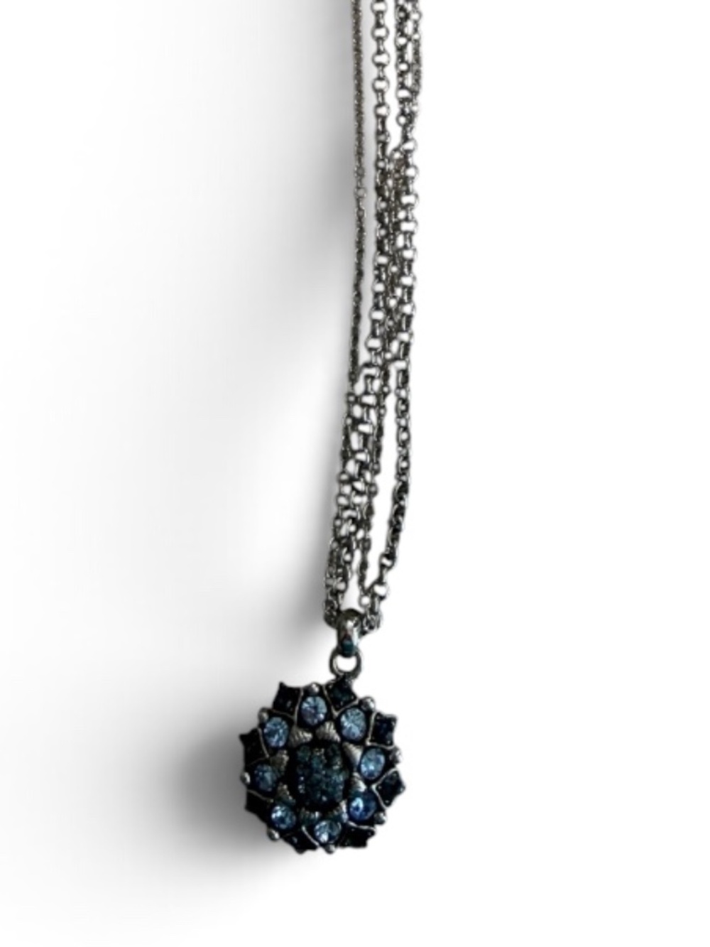 Silver‑Tone Multi‑Chain Necklace with Blue Crystal Cluster Pendant